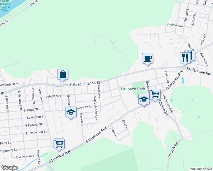 map of restaurants, bars, coffee shops, grocery stores, and more near 1220 South Fairview Road in Allentown
