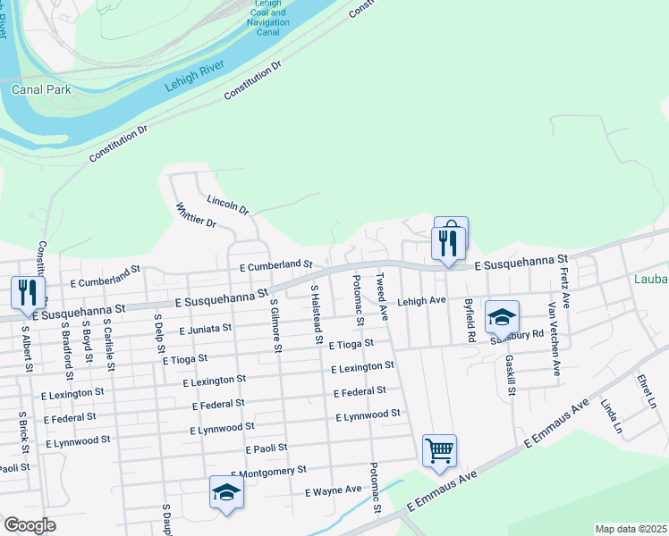 map of restaurants, bars, coffee shops, grocery stores, and more near 953 East Cumberland Street in Allentown