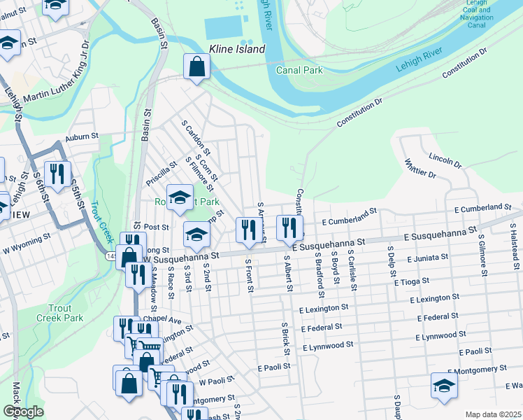map of restaurants, bars, coffee shops, grocery stores, and more near 953 South Front Street in Allentown
