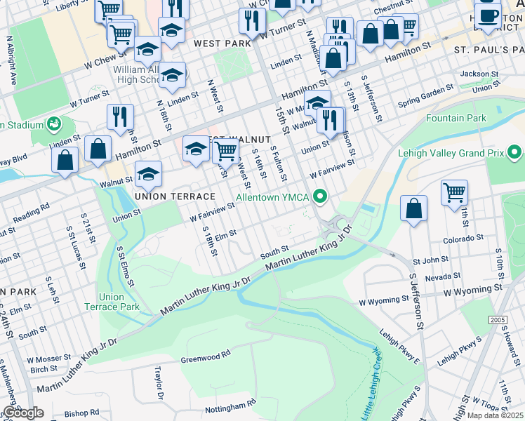 map of restaurants, bars, coffee shops, grocery stores, and more near 301 South West Street in Allentown