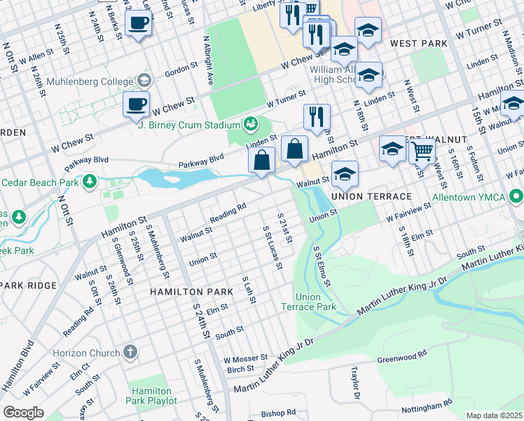 map of restaurants, bars, coffee shops, grocery stores, and more near 2122 Reading Road in Allentown