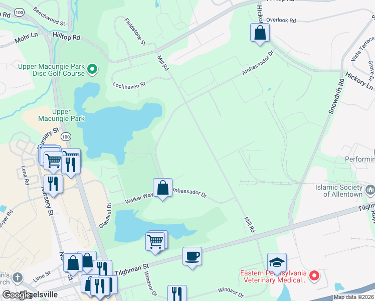 map of restaurants, bars, coffee shops, grocery stores, and more near 1055-1059 Mill Road in Allentown