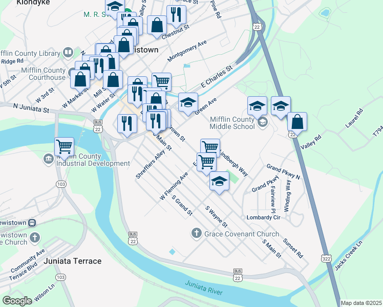 map of restaurants, bars, coffee shops, grocery stores, and more near 438 South Brown Street in Lewistown