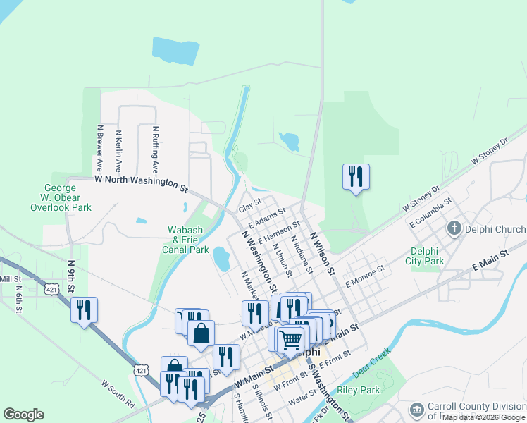 map of restaurants, bars, coffee shops, grocery stores, and more near 736-786 North Indiana Street in Delphi