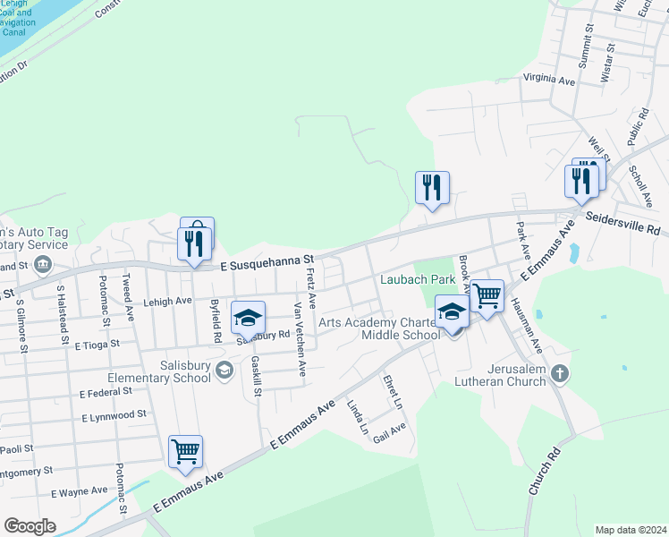 map of restaurants, bars, coffee shops, grocery stores, and more near 1414 East Susquehanna Street in Allentown