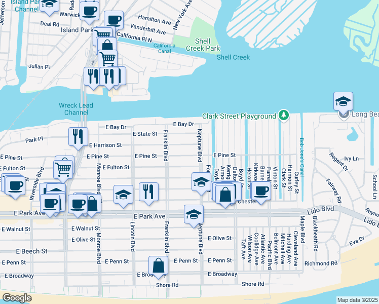 map of restaurants, bars, coffee shops, grocery stores, and more near 532 East Harrison Street in Long Beach
