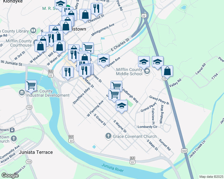 map of restaurants, bars, coffee shops, grocery stores, and more near 101 East Fleming Avenue in Lewistown
