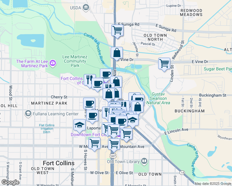 map of restaurants, bars, coffee shops, grocery stores, and more near 404 North College Avenue in Fort Collins