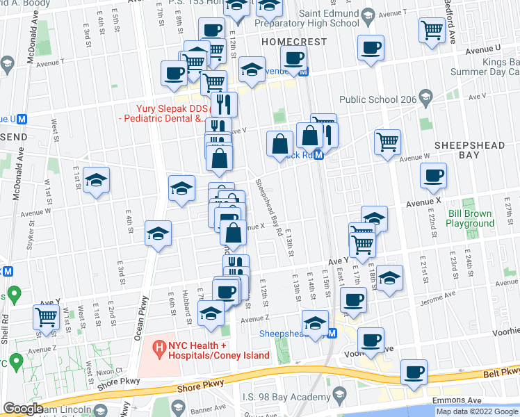 map of restaurants, bars, coffee shops, grocery stores, and more near 2335 East 12th Street in Brooklyn