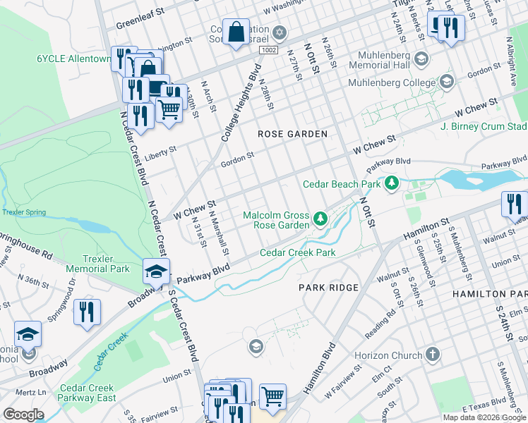 map of restaurants, bars, coffee shops, grocery stores, and more near 221 North 29th Street in Allentown