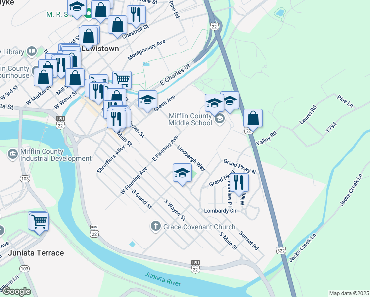 map of restaurants, bars, coffee shops, grocery stores, and more near 521 Lindbergh Way in Lewistown