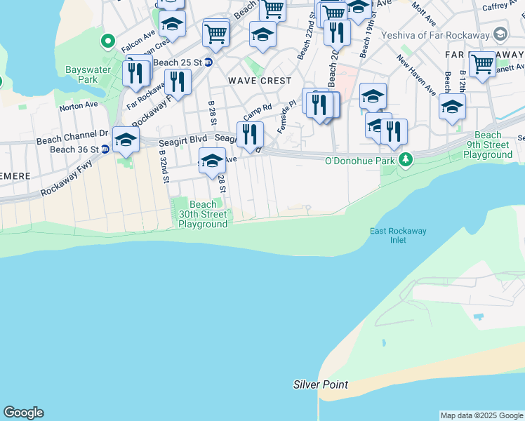 map of restaurants, bars, coffee shops, grocery stores, and more near 1-48 Beach 25th Street in Queens