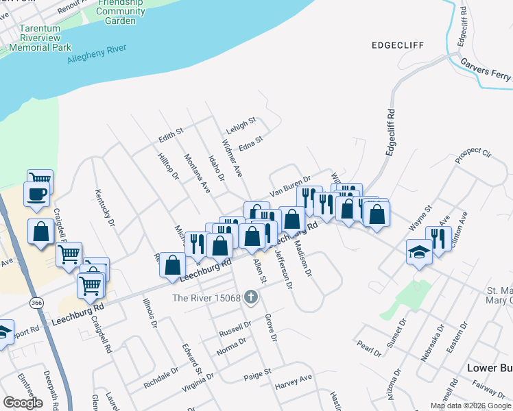 map of restaurants, bars, coffee shops, grocery stores, and more near 2713 Van Buren Drive in New Kensington