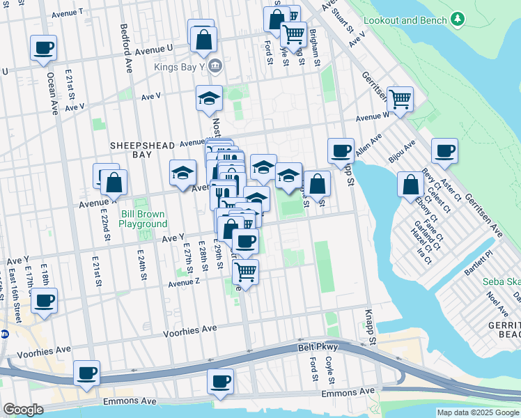 map of restaurants, bars, coffee shops, grocery stores, and more near 2974 Avenue X in Brooklyn