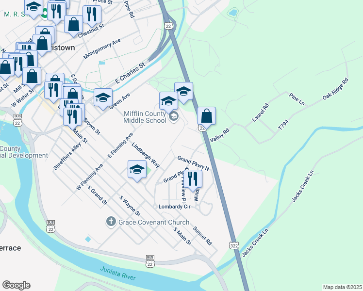 map of restaurants, bars, coffee shops, grocery stores, and more near 15 North Parkway Court in Lewistown