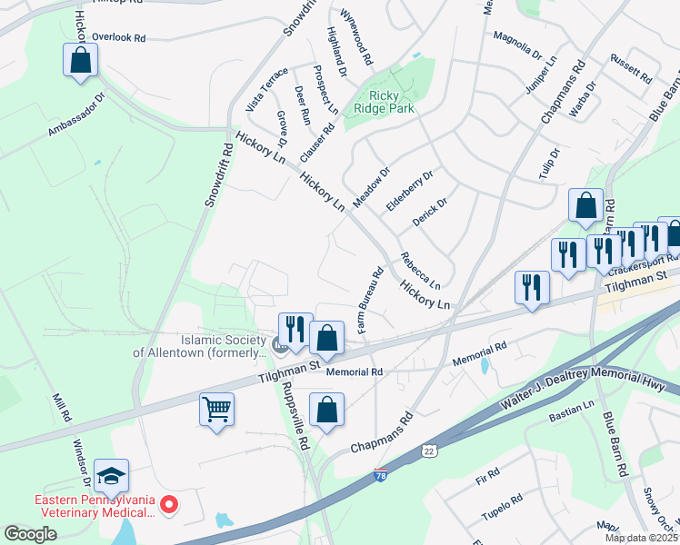 map of restaurants, bars, coffee shops, grocery stores, and more near 6370 Hedgewood Drive in Allentown