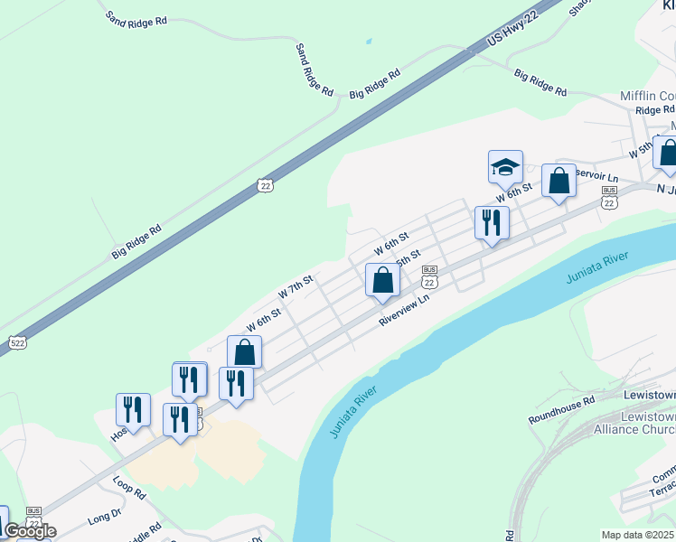 map of restaurants, bars, coffee shops, grocery stores, and more near 911 West 6th Street in Lewistown
