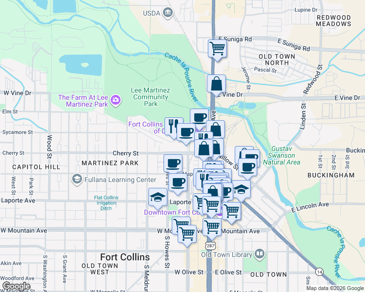 map of restaurants, bars, coffee shops, grocery stores, and more near 405 Mason Court in Fort Collins