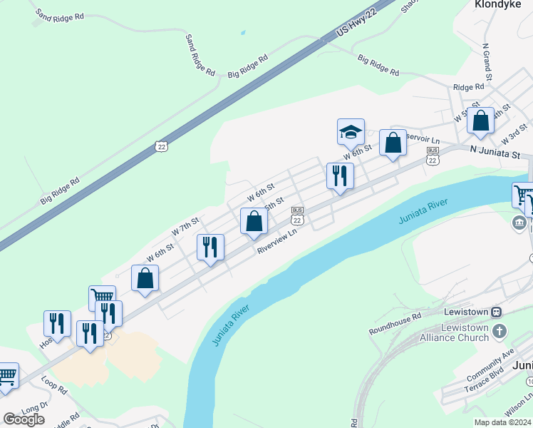 map of restaurants, bars, coffee shops, grocery stores, and more near 800 West 5th Street in Lewistown