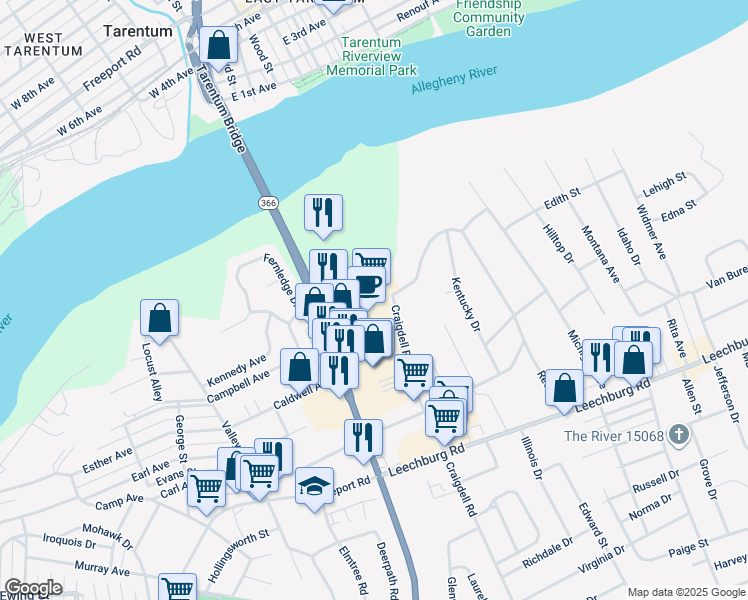 map of restaurants, bars, coffee shops, grocery stores, and more near 200 Tarentum Bridge Road in New Kensington