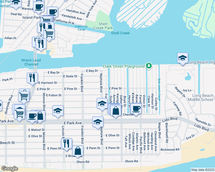 map of restaurants, bars, coffee shops, grocery stores, and more near 62 Doyle Street in Long Beach
