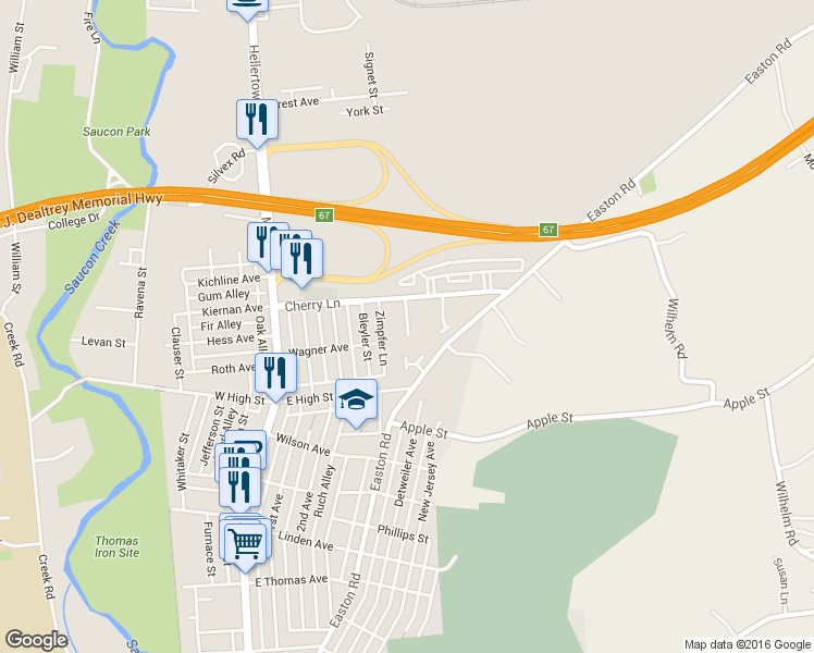map of restaurants, bars, coffee shops, grocery stores, and more near 1638 Ilona Drive in Hellertown