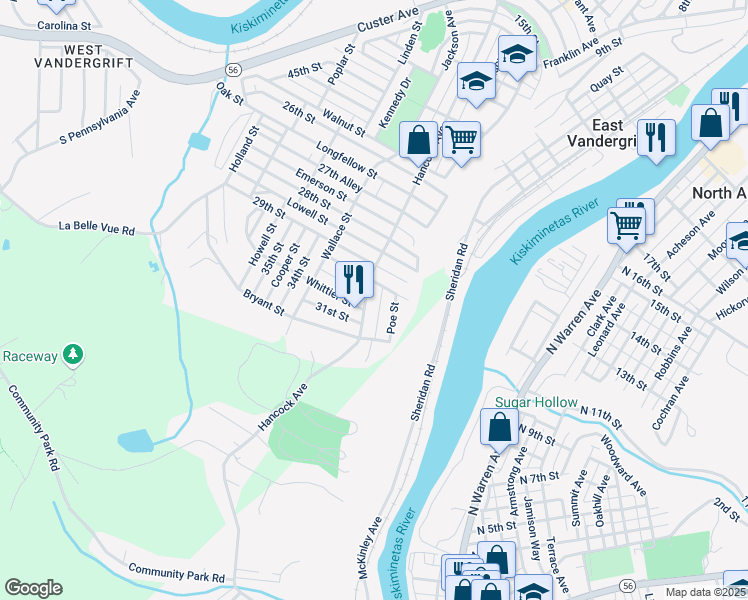 map of restaurants, bars, coffee shops, grocery stores, and more near 114 Holmes Street in Vandergrift