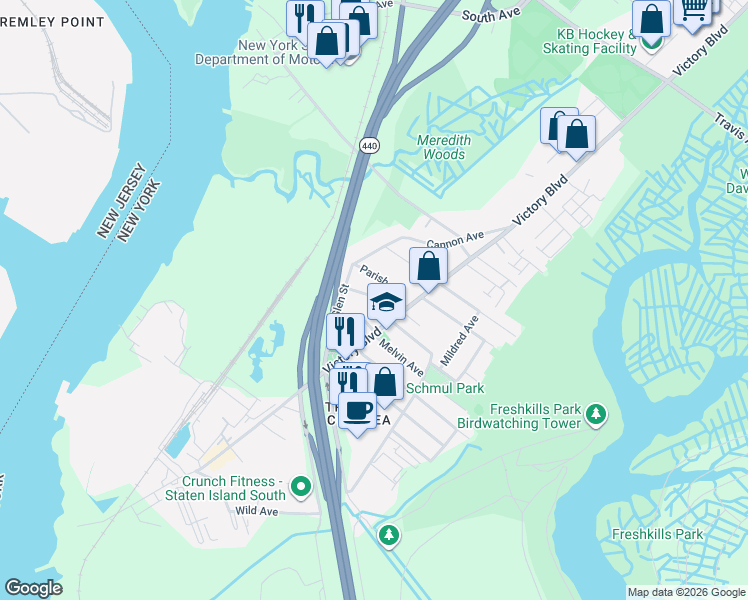 map of restaurants, bars, coffee shops, grocery stores, and more near 13 Wild Avenue in Staten Island
