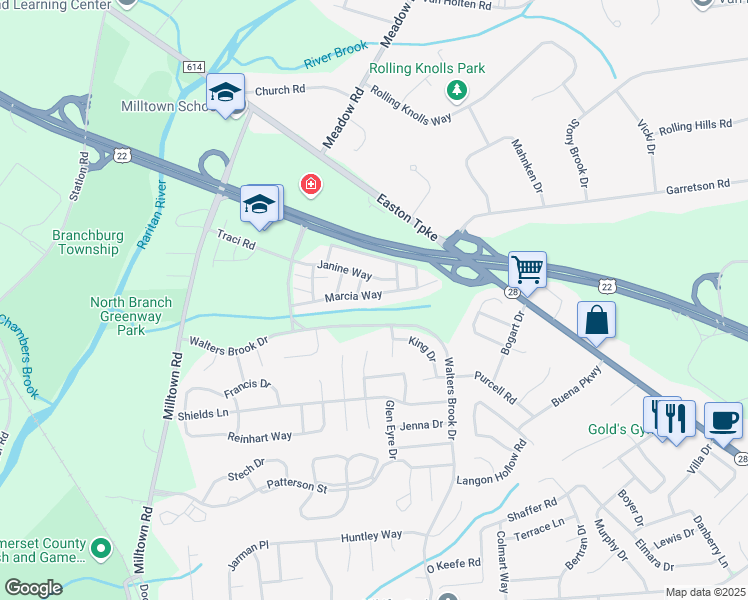 map of restaurants, bars, coffee shops, grocery stores, and more near 234 Marcia Way in Bridgewater