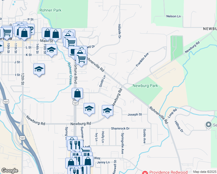 map of restaurants, bars, coffee shops, grocery stores, and more near 2482 Shay Court in Fortuna