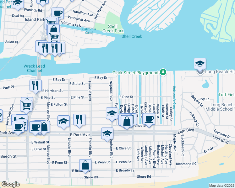 map of restaurants, bars, coffee shops, grocery stores, and more near 62 Doyle Street in Long Beach