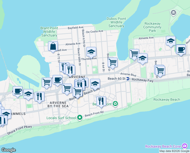 map of restaurants, bars, coffee shops, grocery stores, and more near 66-19 Beach Channel Drive in Queens