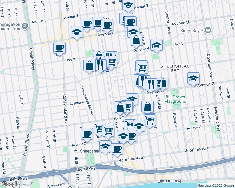 map of restaurants, bars, coffee shops, grocery stores, and more near 2365 East 17th Street in Brooklyn