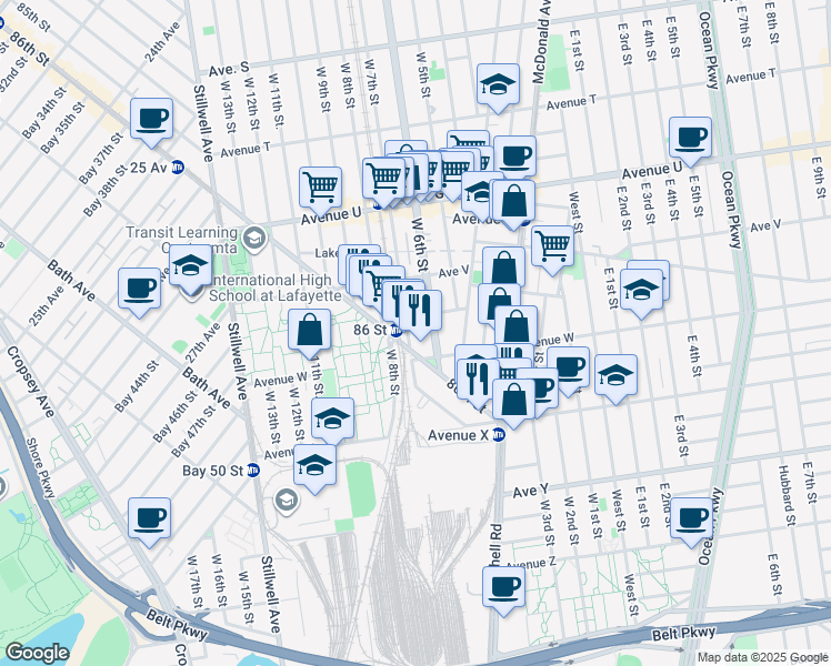 map of restaurants, bars, coffee shops, grocery stores, and more near 2258 West 6th Street in Brooklyn