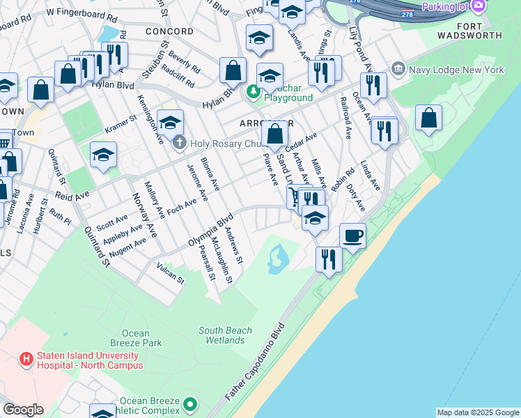 map of restaurants, bars, coffee shops, grocery stores, and more near 87 Olympia Boulevard in Staten Island