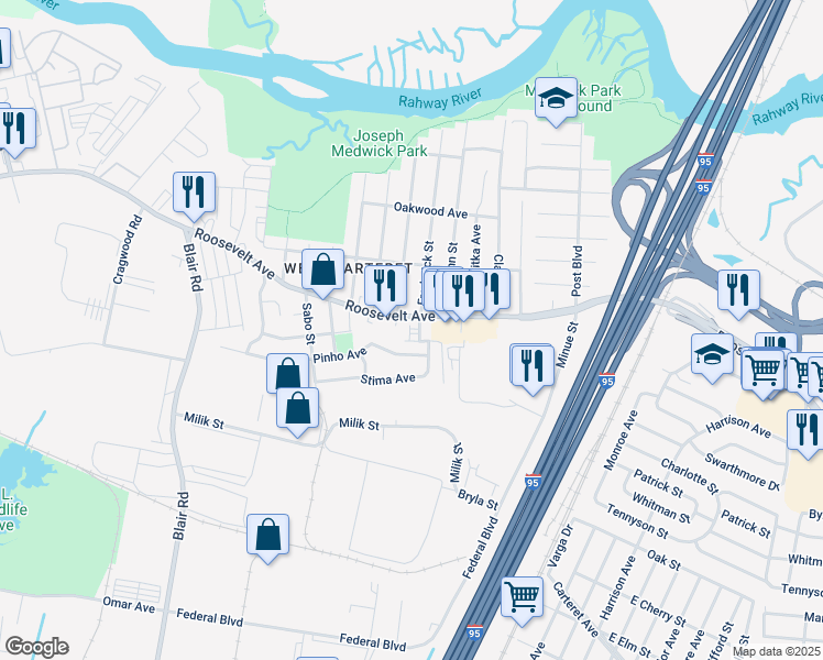 map of restaurants, bars, coffee shops, grocery stores, and more near 1313 Roosevelt Avenue in Carteret