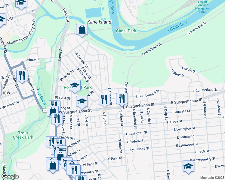 map of restaurants, bars, coffee shops, grocery stores, and more near 45 East Wyoming Street in Allentown