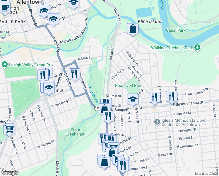 map of restaurants, bars, coffee shops, grocery stores, and more near 904 South Meadow Street in Allentown
