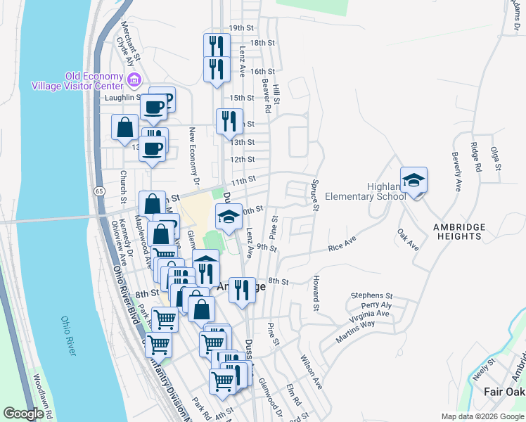 map of restaurants, bars, coffee shops, grocery stores, and more near 1004 Beaver Road in Ambridge