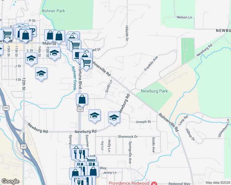 map of restaurants, bars, coffee shops, grocery stores, and more near 2482 Shay Court in Fortuna