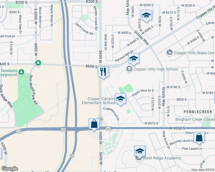 map of restaurants, bars, coffee shops, grocery stores, and more near 8727 South Black Diamond Cove in West Jordan