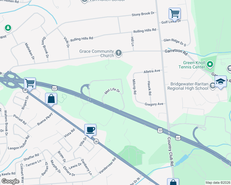 map of restaurants, bars, coffee shops, grocery stores, and more near 501 U.S. 22 in Bridgewater