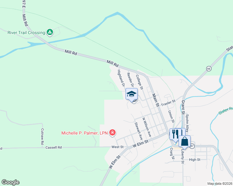 map of restaurants, bars, coffee shops, grocery stores, and more near 203 Highland Drive in Butler