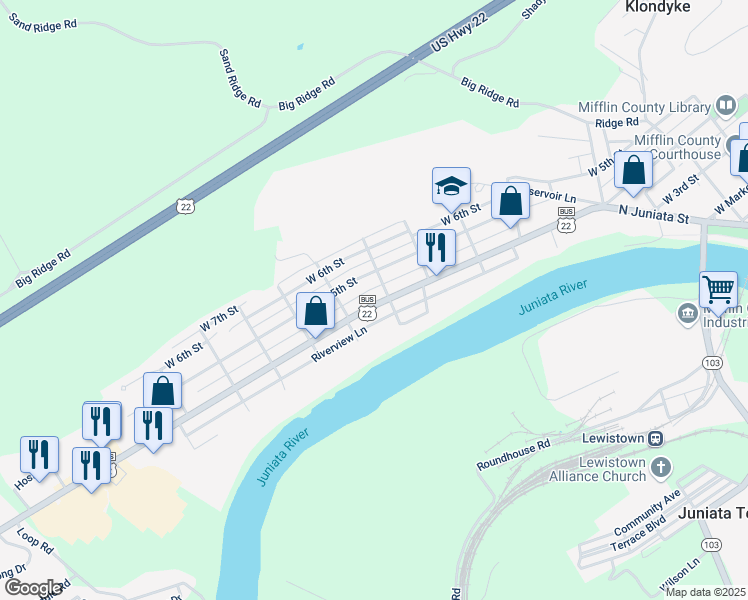 map of restaurants, bars, coffee shops, grocery stores, and more near 705 West 4th Street in Lewistown