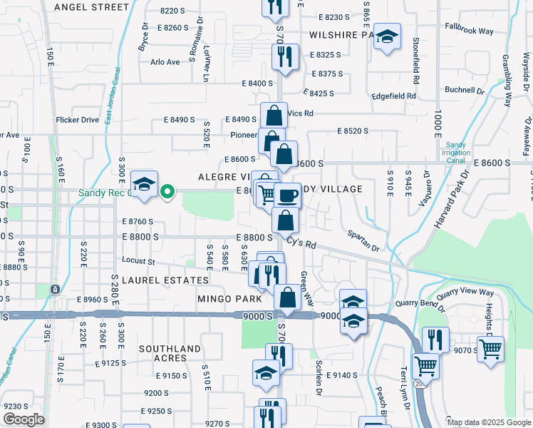 map of restaurants, bars, coffee shops, grocery stores, and more near 8722 South 700 East in Sandy