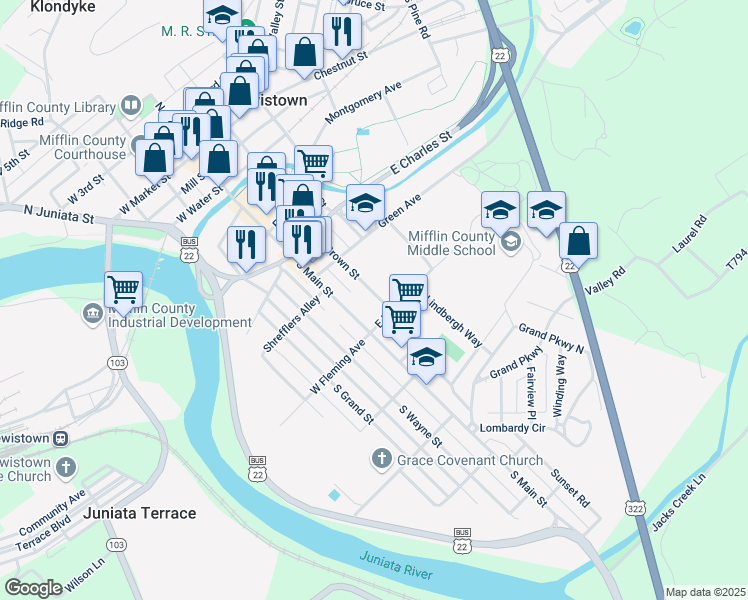 map of restaurants, bars, coffee shops, grocery stores, and more near 438 South Brown Street in Lewistown