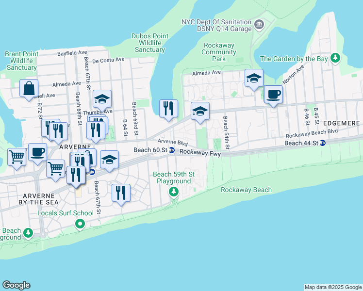 map of restaurants, bars, coffee shops, grocery stores, and more near 56-33 Arverne Boulevard in Queens