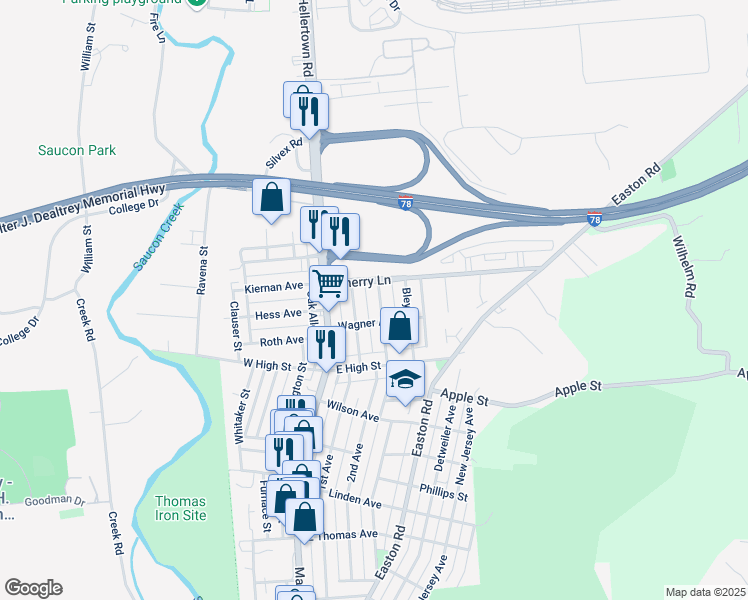 map of restaurants, bars, coffee shops, grocery stores, and more near 1637 Riegel Street in Hellertown