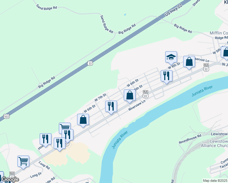 map of restaurants, bars, coffee shops, grocery stores, and more near 911 West 6th Street in Lewistown