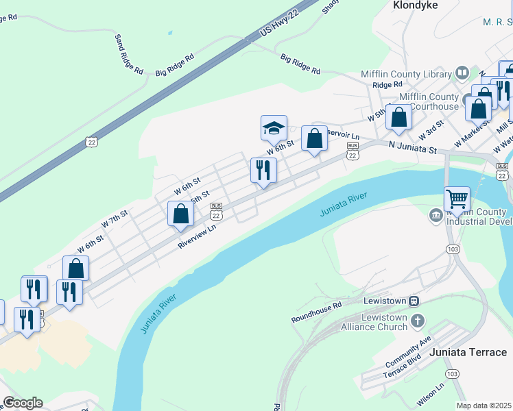 map of restaurants, bars, coffee shops, grocery stores, and more near 599 Riverview Lane in Lewistown